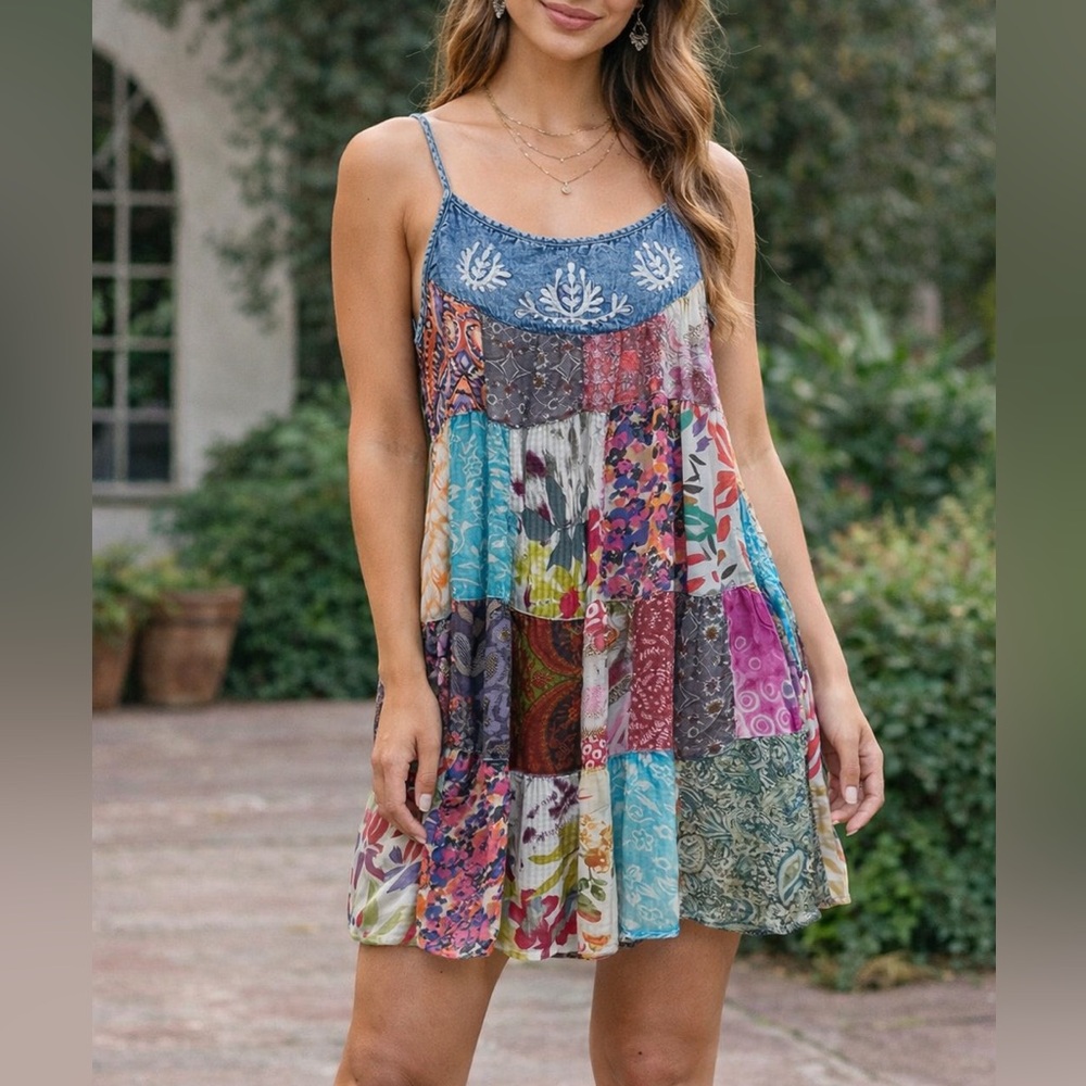 Young Threads Patchwork Boho Mini Dress Denim Bod… - image 1